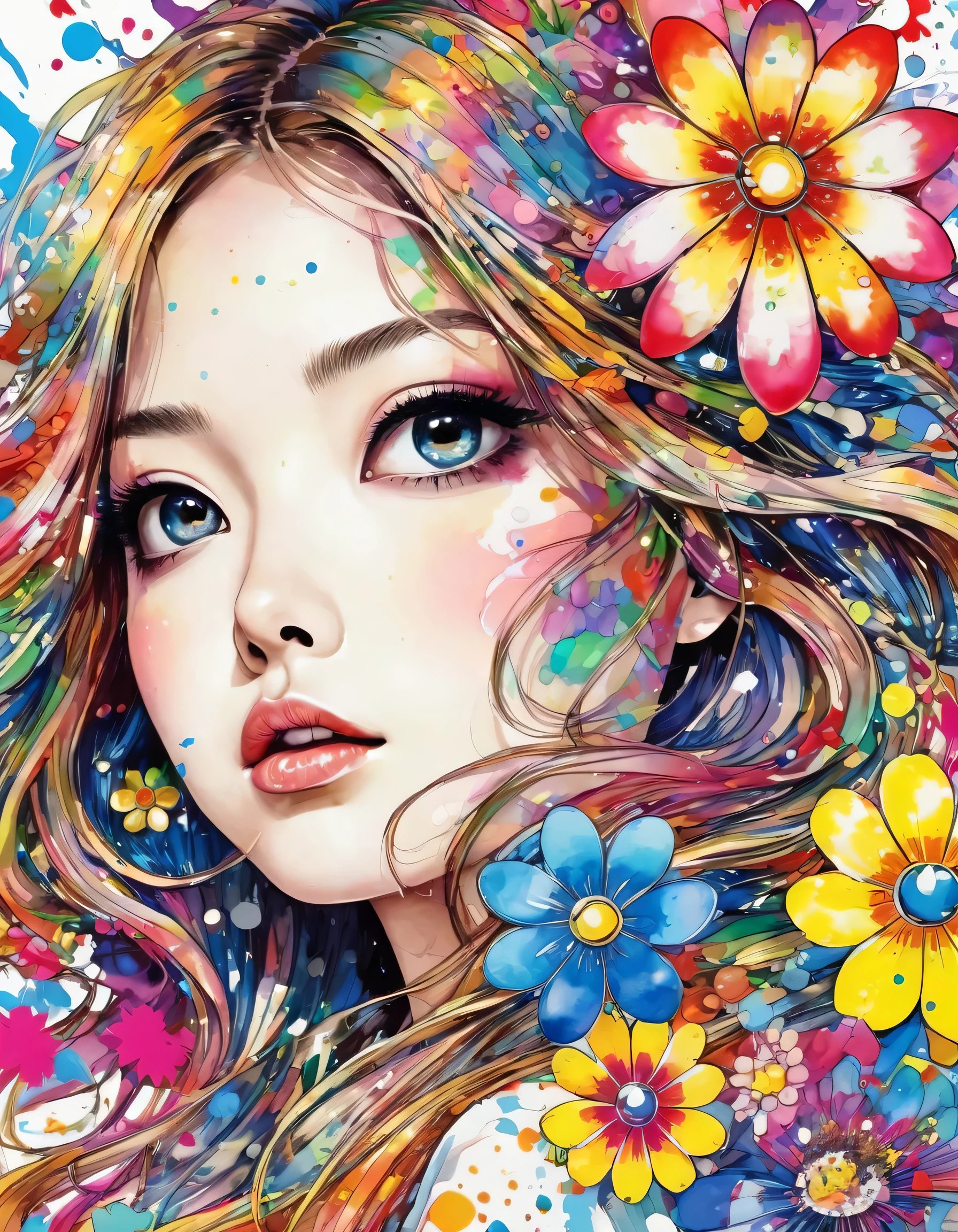 Takashi Murakami Style、(((stylish fashion))), 8K Quality、Intense watercolor, Detailed watercolor art, Watercolor splash, Surreal, avant-garde pop art, Beautiful and expressive paintings, Beautiful artwork illustration, Very colorful tones, wonderful, Cool beauty, highest quality、Official Art, Vector art, Stylish design, (((The most beautiful girl))), (((highest quality))), HDR, ((detailed)), (((Doodle Art)), ((masterpiece)), ((Super detailed)), (((Colorful flowers))),(((Stylish))),