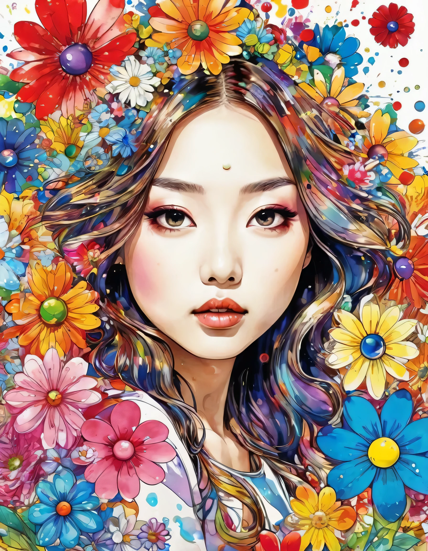 Takashi Murakami Style、(((stylish fashion))), 8K Quality、Intense watercolor, Detailed watercolor art, Watercolor splash, Surreal, avant-garde pop art, Beautiful and expressive paintings, Beautiful artwork illustration, Very colorful tones, wonderful, Cool beauty, highest quality、Official Art, Vector art, Stylish design, (((The most beautiful girl))), (((highest quality))), HDR, ((detailed)), (((Doodle Art)), ((masterpiece)), ((Super detailed)), (((Colorful flowers))),(((Stylish))),