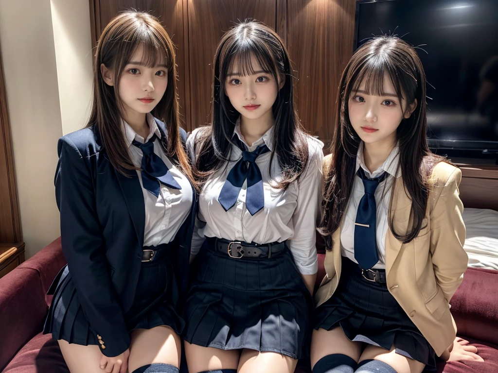 (8K, Raw photography, top-quality, ​masterpiece:1.2), master piece, best quality, illustration, Super detailed, fine details, High resolution, 8K,wall paper, perfect dynamic composition,(Details High quality, realistic depiction of eyes:1.3), ((2 girls, 2 schoolgirls)), The background is a luxury hotel room、High school girl uniform、blazer 、Super Short Check Uniform Skirt、Navy blue high socks、garterbelts、Colossal tits、Disturbed uniform, Play with each other,Touching each other's bodies,Touching the body of the girl next door, short bob hair, black hair color, huge breasts, Big Natural Color Lip, bold sexy pose, (perfect body shape), crying a little、cold gaze,  Beautiful makeup,glitter makeup,Cutest 18 years old, beautiful legs, hposing Gravure Idol, Voluptuous thighs