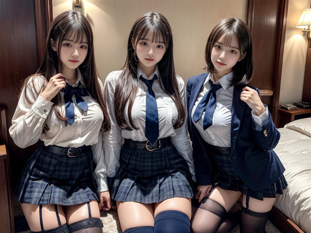 (8K, Raw photography, top-quality, masterpiece:1.2), master piece, best quality, illustration, Super detailed, fine details, High resolution, 8K,wall paper, perfect dynamic composition,(Details High quality, realistic depiction of eyes:1.3), ((2 girls, 2 girls)), The background is a luxury hotel room、High school girl uniform、blazer 、Super Short Check Uniform Skirt、Navy blue high socks、garterbelts、Colossal tits、Disturbed uniform, Play with each other,Touching each other's bodies,Touching the body of the girl next door, short bob hair, black hair color, huge breasts, Big Natural Color Lip, bold sexy pose, (perfect body shape), crying a little、cold gaze, Beautiful makeup,glitter makeup,Cutest 18 years old, beautiful legs, hposing Gravure Idol, Voluptuous thighs