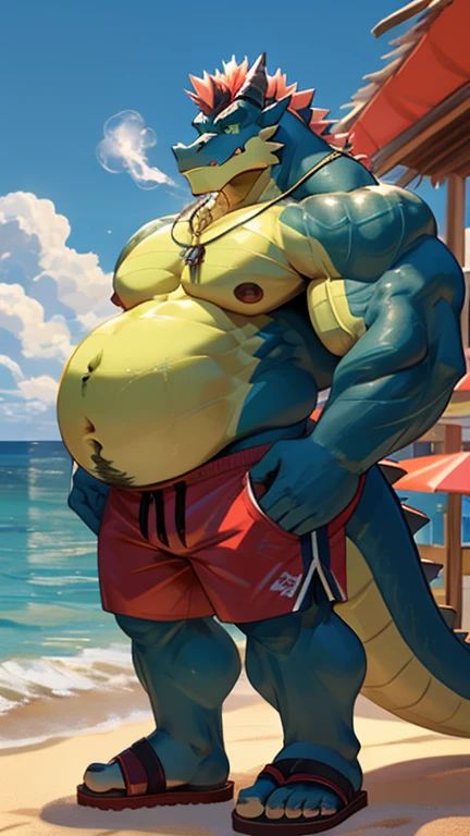 Big buff dark blue cartoon alligator with a ginormously oversized inflated dark blue stomach, deep blue, green eyes, big bellybutton, dark blue back, Black spiky tank top overhanging on top of his massive stomach, green necklace with dragon tooth, concerned look on his face, high pink blushing, spiky beige mohawk hairline, red arm necklace, huge muscular build with nipples, body hair on his chest and on his oversized stomach, water dribbling from his muscular body, Black and red shorts, sandals, Standing on a beach resort in a ready to fart position and farting out a huge enormous light green toxic gas cloud leaving a putrid smell。