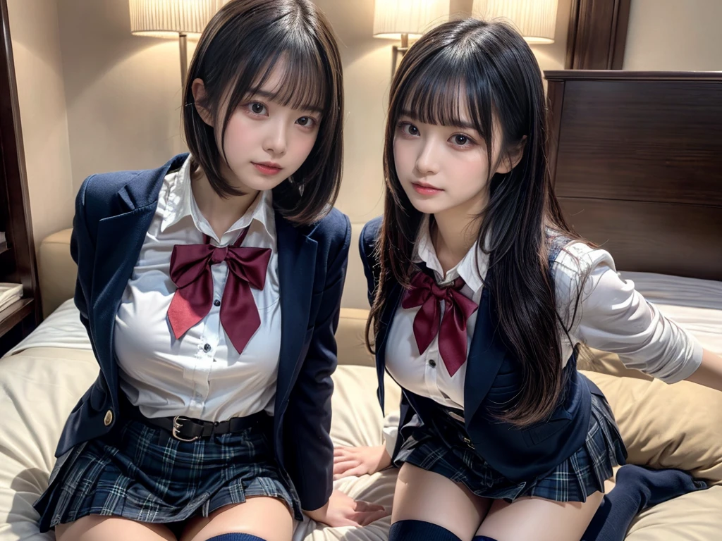(8K, Raw photography, top-quality, ​masterpiece:1.2), master piece, best quality, illustration, Super detailed, fine details, High resolution, 8K,wall paper, perfect dynamic composition,(Details High quality, realistic depiction of eyes:1.3), ((2 girls, 2 girls)), The background is a luxury hotel room、High school girl uniform、blazer 、Super Short Check Uniform Skirt、Navy blue high socks、garterbelts、Colossal tits、Disturbed uniform, Play with each other,Touching each other's bodies,Touching the body of the girl next door, short bob hair, black hair color, huge breasts, Big Natural Color Lip, bold sexy pose, (perfect body shape), crying a little、cold gaze,  Beautiful makeup,glitter makeup,Cutest 18 years old, beautiful legs, hposing Gravure Idol, Voluptuous thighs