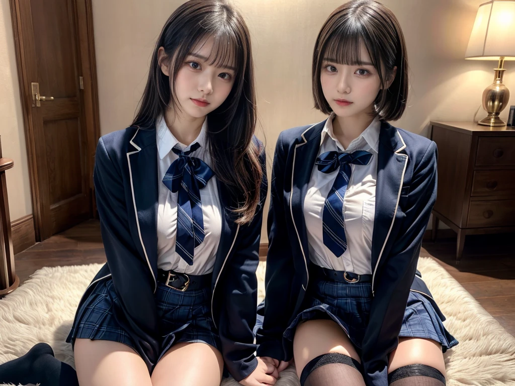 (8K, Raw photography, top-quality, masterpiece:1.2), master piece, best quality, illustration, Super detailed, fine details, High resolution, 8K,wall paper, perfect dynamic composition,(Details High quality, realistic depiction of eyes:1.3), ((2 girls, 2 schoolgirls)), The background is a luxury hotel room、High school girl uniform、blazer 、Super Short Check Uniform Skirt、Navy blue high socks、garterbelts、Colossal tits、Disturbed uniform, Play with each other,Touching each other's bodies,Touching the body of the girl next door, short bob hair, black hair color, huge breasts, Big Natural Color Lip, bold sexy pose, (perfect body shape), crying a little、cold gaze, Beautiful makeup,glitter makeup,Cutest 18 years old, beautiful legs, hposing Gravure Idol, Voluptuous thighs