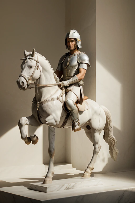 Product Photo, white background, Michelangelo's style, white marble statue of a roman warrior riding a huge horse, wearing ancient roman helmet, sword in hand, reflections and mirroring, beautiful soft lighting and shadow, captured by hasselblad X1D --ar 1:2 --style raw