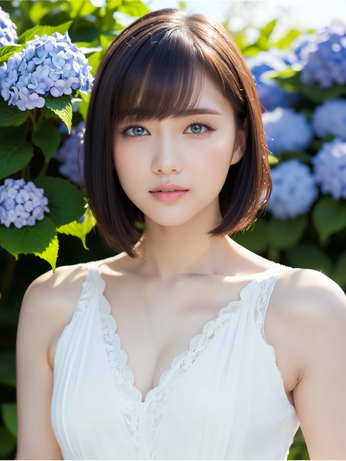 (squat)、(highest quality:1.5)、(Realistic:1.5)、(1 person:1.5)、(Very detailed)、(High resolution)、8k、(Wear a one-piece dress with lace)、(Small breasts)、Natural color lips、Cute Smile、20-year-old girl、(Beautiful and elaborate face)、(Perfect and beautiful face)、(Big eyes)、(Beautiful and elaborate face)、(Beautiful, balanced eyes)、Beautiful double eyelids、Perfect and beautiful face、Arched thin eyebrows、Slim face、(Slim figure)、Beautiful and thin nose、 Beautiful Skin、(Medium Bob Hair)、Natural Bangs、Fair skin、Front lighting、(Lighting the face)、Deep blue eyes、Slim waistline、(lim and beautiful legs、hydrangea、garden、