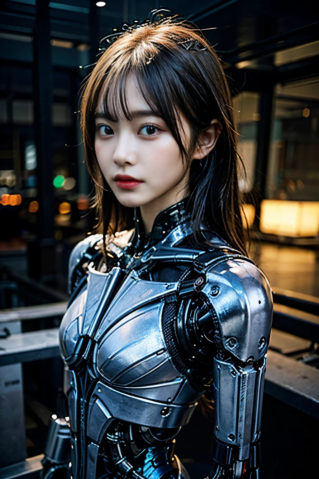 (best quality:1.2), 8k, highres, octan render, (masterpiece), extremely ultra detail, cyborgized Japanese woman, extremely ultra cute face, , skinny body, flat chest, (blue metallic mechanical frame:1.5), (Power cables connected throughout the body), detaile up, Instead of hair, there are cables growing out of it, mechanical fusion, mechanical skeleton, bio mechanics, mechanical life-form, highly intricate detail, extremely ultra real texture, human-like skin, realistic hair, ultra realistic details, professional lighting, (realistic:1.4), (RAW photo:1.2), (photorealistic:1.37)