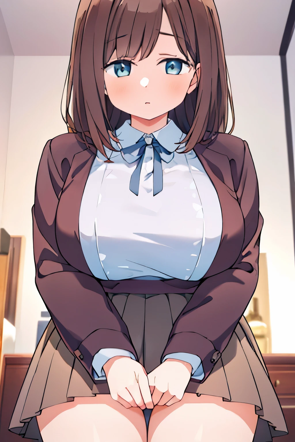 G-Cup　　masterpiece　highest quality　High resolution　　Inner thighs　Hold the skirt tightly　Confused face　Brown Hair　Soft and fluffy　older sister　Married Woman　Hold the crotch　Hold the pee