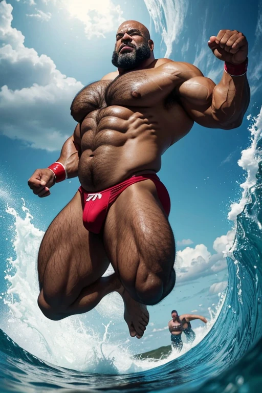old mulatto brazilian superhero jumping in the air inside a bubble very long gray hair angry super heavy bodybuilder flexing his muscles A full body obese bodybuilder with a very sweaty body An extremely muscular and extremely fat old man over 70 years old weighing more than 600 pounds Very muscular and very hairy man with large sagging pecs with dark nipples and gynecomastia floating in a sea with big waves and under a stormy sky with lightning in a gold thong