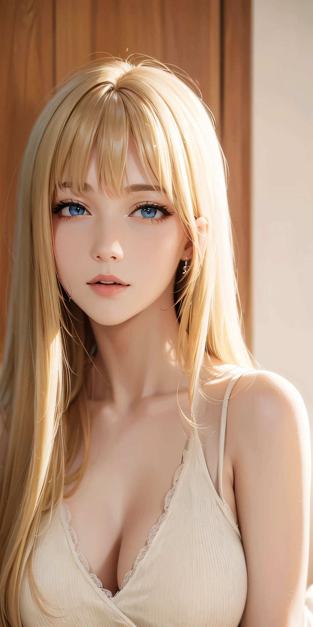 Portrait, Upper body, elegant adult woman, long neck, blonde hair, long hair, bangs, casual clothes, cleavage, 4k resolution, high quality, soft light, looking at viewer