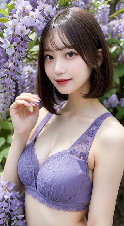 The wisteria flowers are in bloom.There are countless wisteria flowers.A 20-year-old woman poses with short hair and a valley in her chest.purple bra, purple swimsuit, smile, after noon, highest quality, shape, very detail , US>Details, High Resolution , 8k Wallpaper , Fully dynamic configuration , beautiful details, natural lip ,