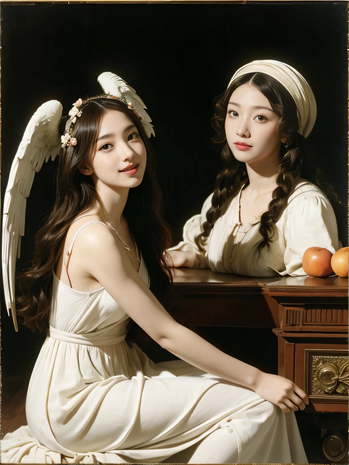 Female angel with two white wing,full body portrait or statue、Sandro Botticelli painting style,Arguments of two female Philosophe,math、astronomical machine、astronaut、roses in vase、fruits、Cute trinkets、smile、ancient greek costume、Ancient Roman landscape in the style of Nicolas Poussin,laughter,,Sweet and seductive appearance.、Caravaggio's paintings、Chiaroscuro of Caravaggio、hair tousled by the wind,Two women frolicking,cute smile, expression of ecstasy,Sexy,erotic