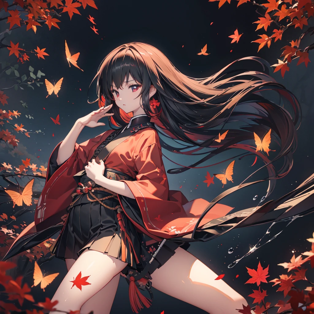 ((blackい髪　Long Hair　black　Military commander　one person　Lonely　Red Flag　Chest Opening))　((night　Japanese style　old　Shining Aura))　(Dance　Burning Blade　Shining Japan sword　Hold the sword with your right hand　Hold the sheath in your left hand　Pull it out as it is)　moon　star　Draw your sword　Slashing　Catch the wind　print　Tense face　geta　kimono　Red shiny edge　Reflection of the sword　water surface　autumn　Maple　Red Butterfly　in the forest　Emit an aura　Look over　Veranda