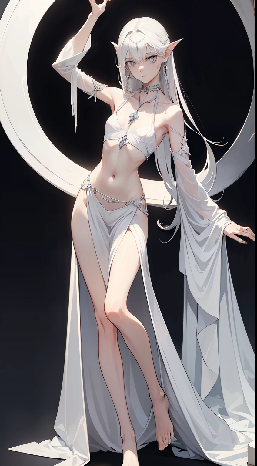 ((best quality)), ((masterpiece)), (detailed), perfect face, Character design, female, long white grey hair, wearing a white angelic dress, grey white eyes, small frame, very skinny, detailed, best quality, no accesoires around the neck, no shoes, prominent collarbones, skinny arms, flat stomach, visible hip bones, full body, vampire