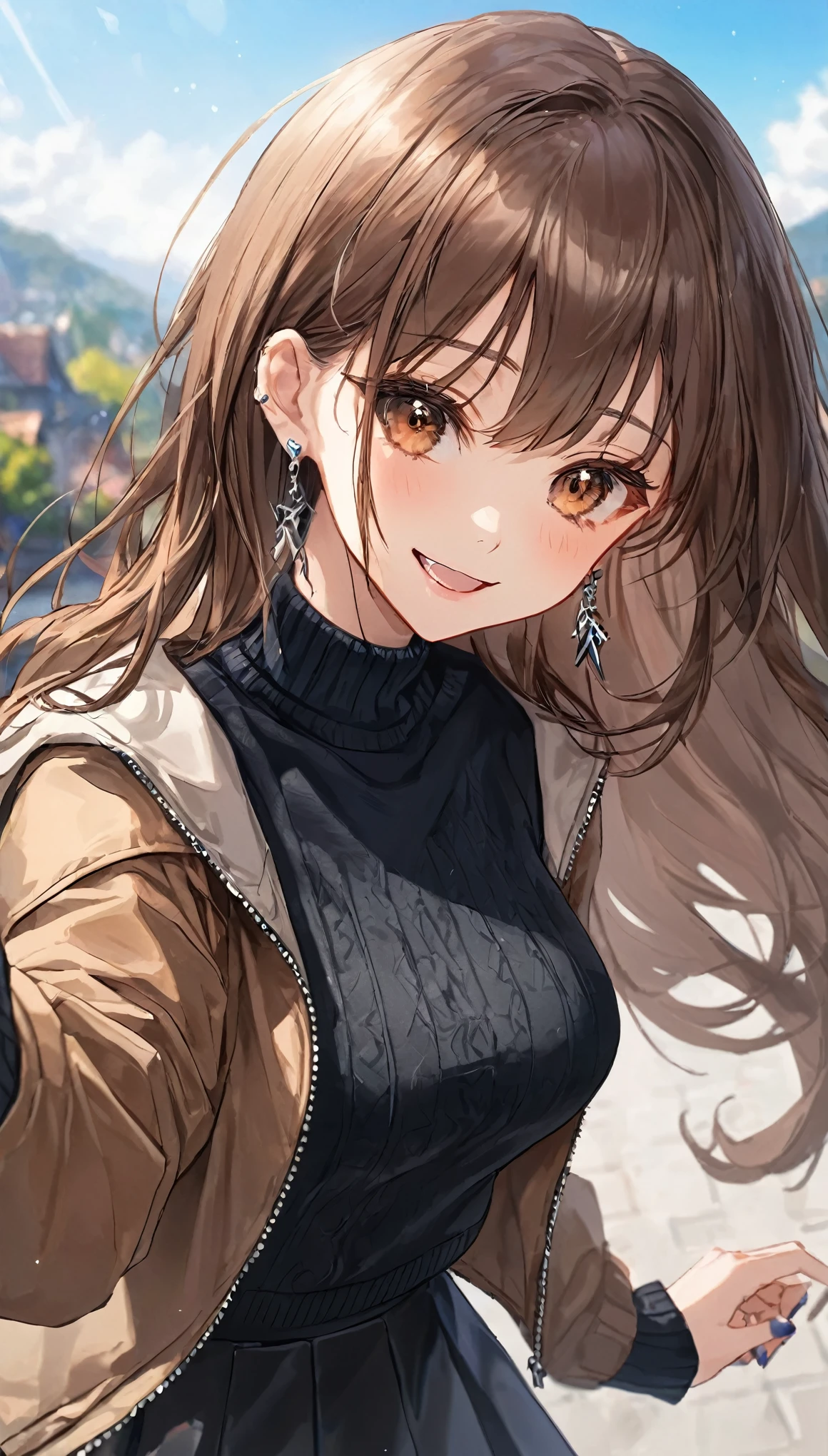 One girl, Ahoge, bangs, black skirt, black sweater, Blue Claws, Blurred, Blurred background, chest, Brown eyes, Brown Hair, brown Jacket, Mouth closed, Day付付き, Day, Depth of written boundary, Earrings, eyelash, Raise your hand, Tilt your head, Jacket, jewelry, Long Hair, Long sleeve, View Viewer, medium chest, Manicure, Open clothes, open Jacket, Outdoor, Pursed lips, Tucked in shirt, Side Lock, skirt, Sleeves are longer than the wrist, alone, sweater, Upper Body, zipper, smile, ((masterpiece)), 