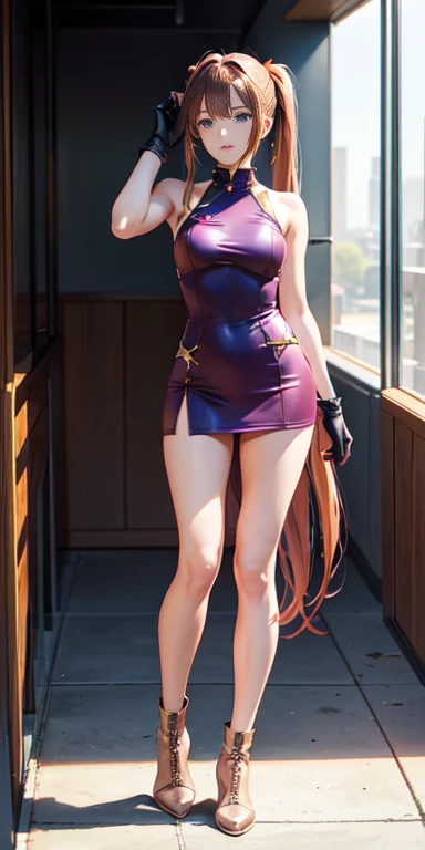 American Shot View, anime, プロフェッショナルなanimeスタイル, (Only one woman), ((From head to toe)), Diane is a beautiful woman with purple eyes and a perfect body., Her hair is brown and long, Two long ponytails tied on either side of her head, She is young, 16 years old.、She has a beautiful appearance, She is wearing an orange one-piece suit.。 (Solo Short Mini Skirt), Boots that reach up to the knee, and、Metal gloves with glittering inlay. metal block, Intricate details, ((80% nude))