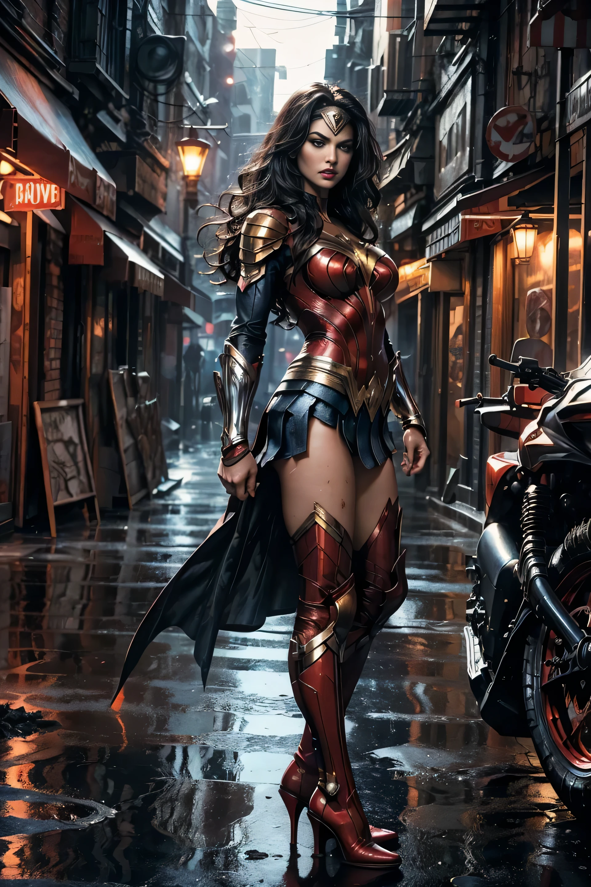 full body sexy, sensual, beauty, superheroine Wonder Woman, long black hair, bangs, parted bangs, furrowed brow, makeup, brown eye, red lips, large breast, angry, red and blue leather suit of armor, tall leather boots, walking on the dirty, messy streets of a dark, haunted, deserted city, twilight, dense fog , dirty floor with a startled expression Hyperrealism, depth of field, cinematic lighting, from side, 35mm, Eye-Level Shot, masterpiece, anatomically correct, 8k