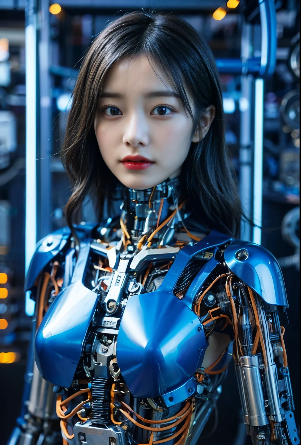 (best quality:1.2), 8k, highres, octan render, (masterpiece), extremely ultra detail, cyborgized Japanese woman, extremely ultra cute face, , skinny body, flat chest, (blue metallic mechanical frame:1.5), (Power cables connected throughout the body), detaile up, Instead of hair, there are cables growing out of it, mechanical fusion, mechanical skeleton, bio mechanics, mechanical life-form, highly intricate detail, extremely ultra real texture, human-like skin, realistic hair, ultra realistic details, professional lighting, (realistic:1.4), (RAW photo:1.2), (photorealistic:1.37)