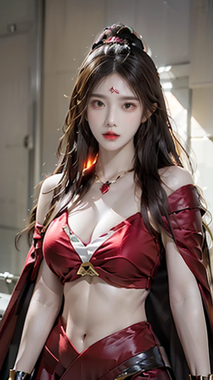 Create a detailed illustration of a fierce female warrior. She wears a headband adorned with intricate decorations, featuring a glowing red gem at its center. Her shoulder guards have short, thick horns at their tips, surrounded by numerous bumps and ridges of various sizes. Her chest armor is shaped like a bikini but has a rugged, crustacean-like texture. She also wears matching gauntlets on her arms. A black cape flows behind her. Her eyes are sharp and filled with hostility. Her hair stands on end like a lion's mane, colored yellow with a streak of red running through the center, resembling flames.