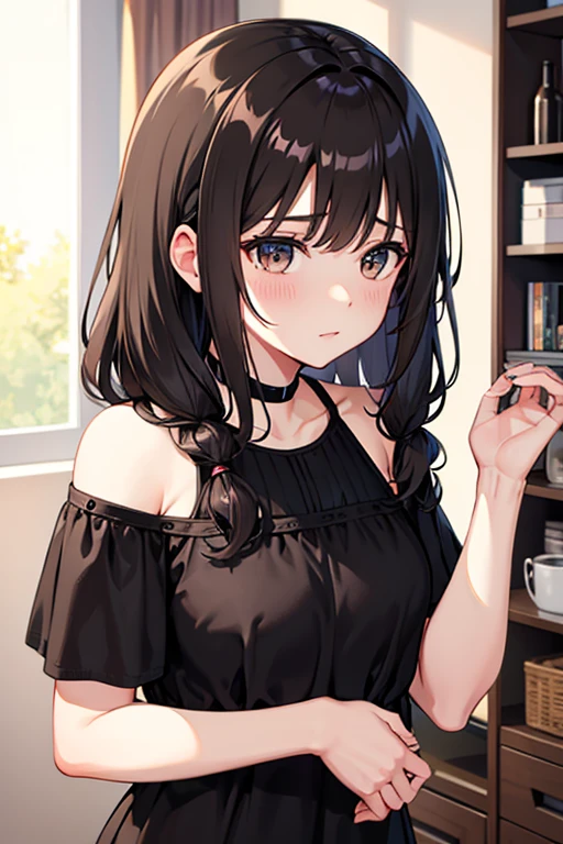 , brown or black shoulder length hair