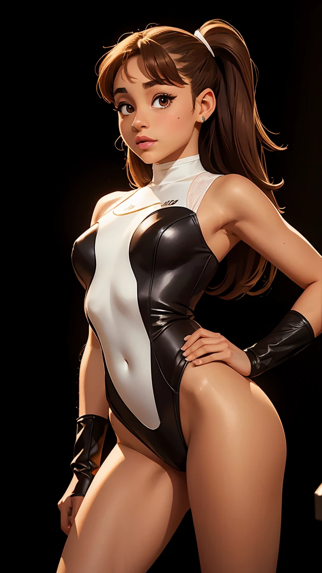 Ariana Grande, Long brown hair, Light brown eyes, White leotard, Black background, Front view, Looking Camera, Sexy pose