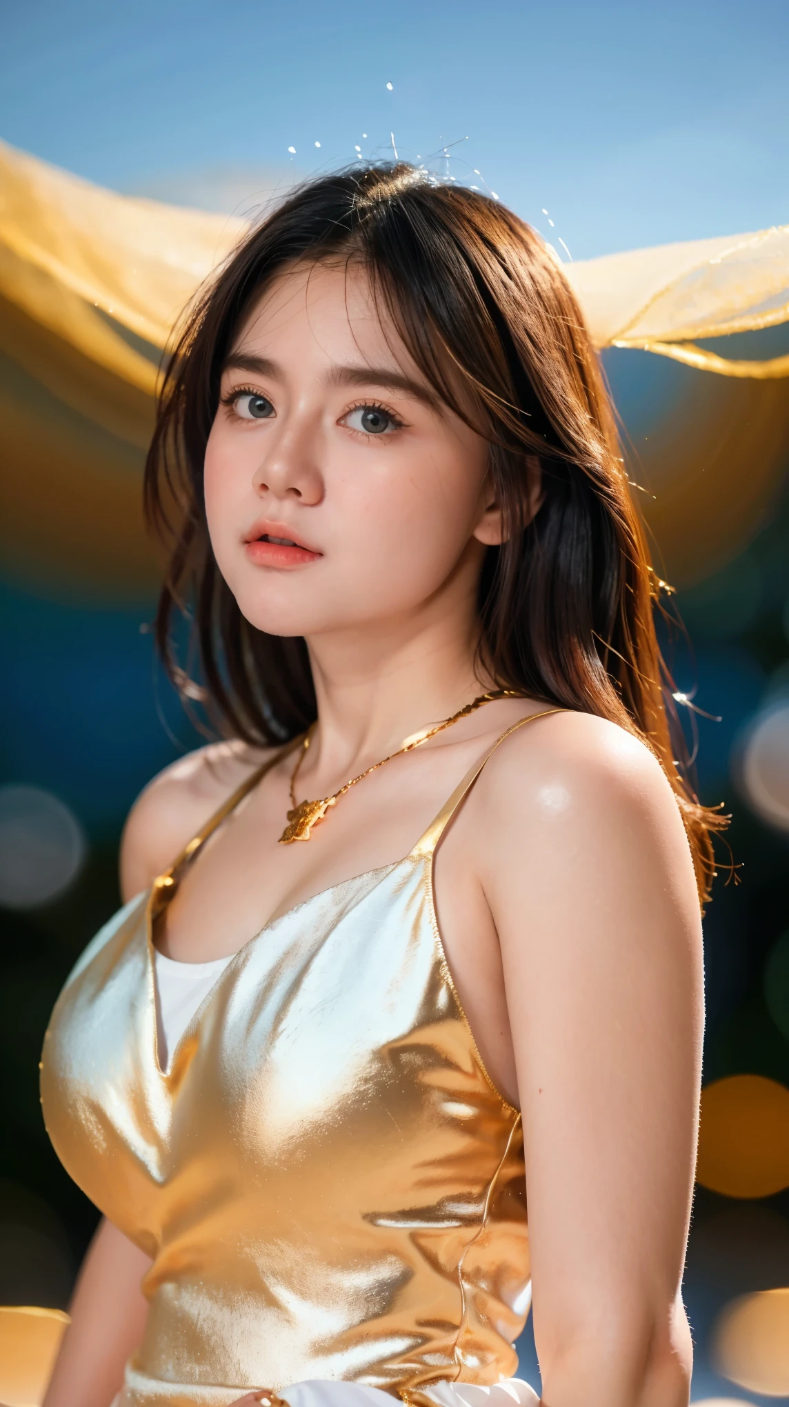 Adorable , Gorgeous , Beautiful , Russian Baby Face , Huge Round Colossal Chest , 30 Years Old , White Skin , Slip Dress , Top of The Mountain Background , Wind , ((Bokeh:1.1)) , Blue Eye , ((White-Gold Coloured)) , ((Night:1.3)) , Standing Pose , HDR , Ultra Detailed , EF 24-70mm f/2.8L II USM