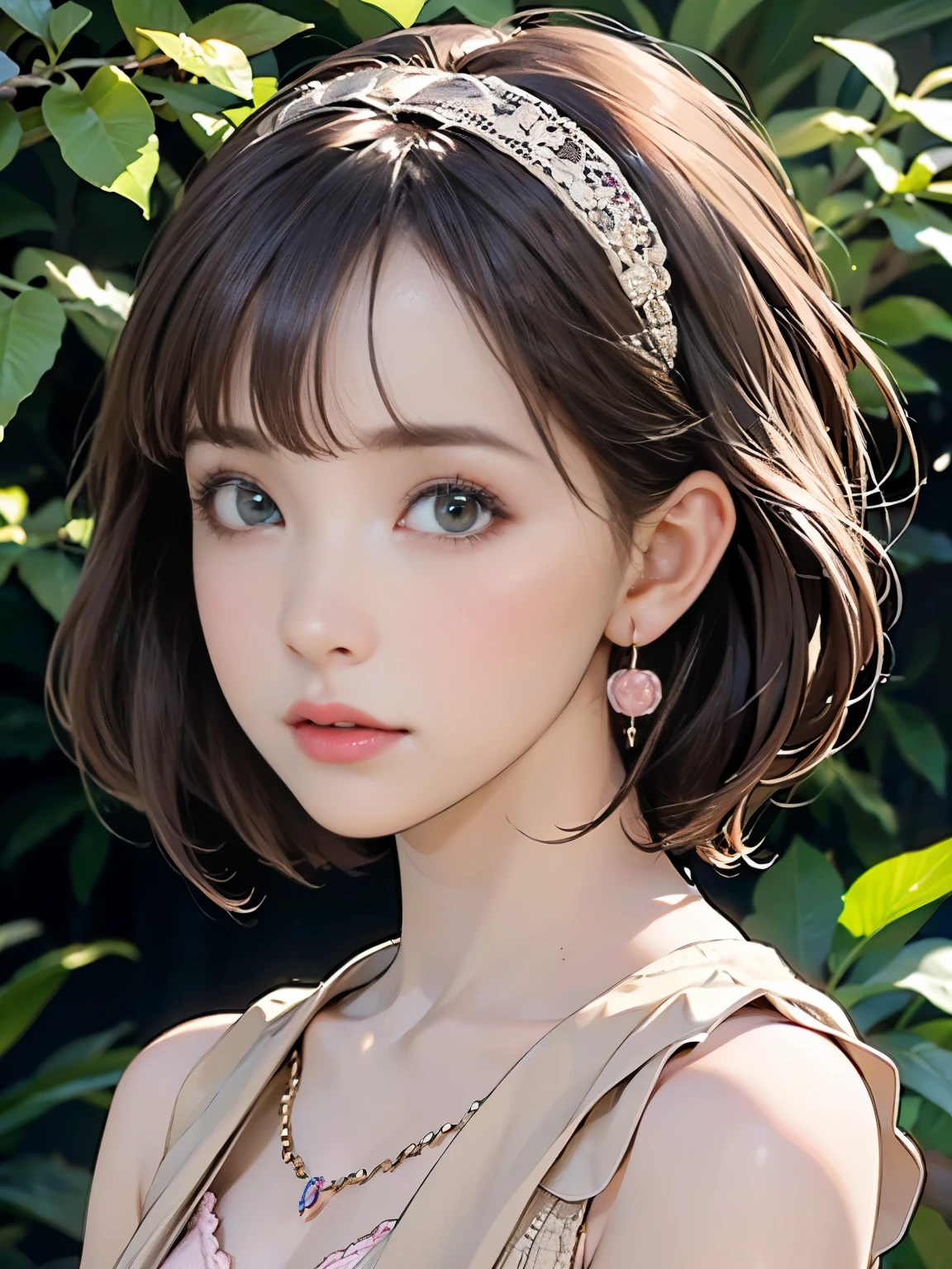 ((((highest quality))))、(((Ultra-precision CG16K wallpaper)))、(((masterpiece)))、(((Super detailed)))、(((Extreme detail)))、((1Mature 29 year old woman:1.6))、((Very beautiful Japanese faces))、((Zuo々Nozomi:1.5))、((Straight short bob hair、blunt bangs:1.5))、(Shiny brown hair)、Beautiful delicate eyes、Brown Eyes、eyeliner、Eyeshadow、High nose、Small nostrils、Small Mouth、Seductive lips、Beautiful breasts、((C cup size breasts))、Cleavage、Beautiful feet、eight-headed body、Perfect proportions、Perfect Anatomy、Perfect composition、Beautiful detailed shading、Beautiful, natural lighting、Beautiful detail glow、Depth of written boundary、(((High chroma)))、(((Real:1.9)))、((vivid:1.5))、((Beautiful Skin))、((Skin Texture))、((Realな皮膚感))、(((Portrait:1.6)))、((front view、shoot from front、Front low angle:1.6))、(((Surprised face:1.6)))、((The woman is looking at this、looking at viewer、Facing forward:1.6))、Bright daylight、Natural light、(((background_Foliage plant:1.5)))、(Walking Pose:1.6)、(((Beige pink sleeveless lace knit dress:1.6)))、((Wide Hair Band、Earrings、Wearing a necklace:1.5))、