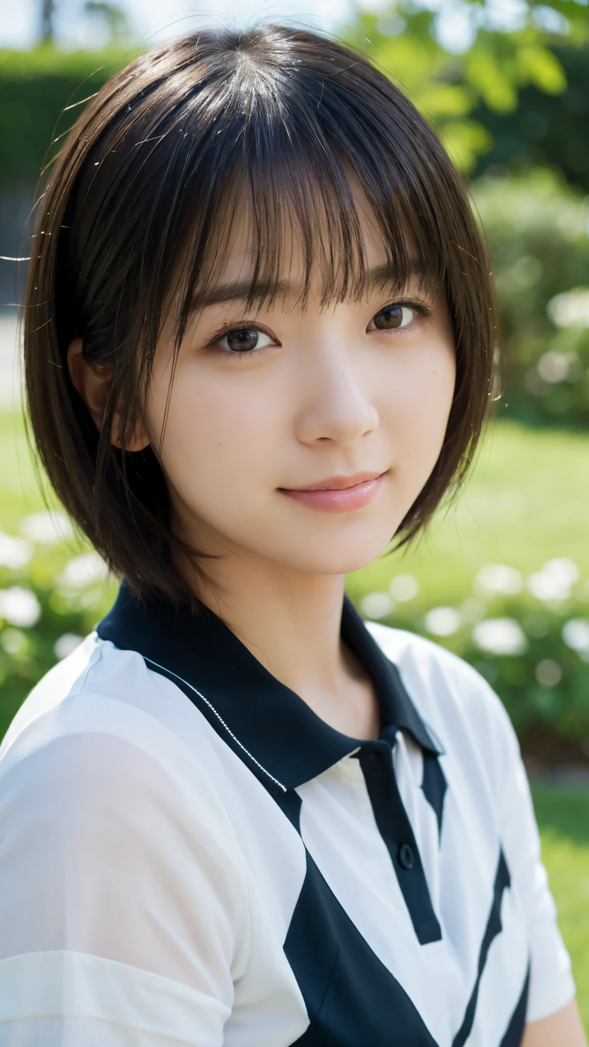 (highest quality,masterpiece:1.3,Ultra-high resolution),(Super detailed,Caustics,8k), (Photorealistic:1.4, RAW shooting),garden,grass,sit,Japanese,20-year-old,cute,(smile),Looking into the camera,Black short hair,Polo shirt,Bust up shot,High angle,High Position,(Face Focus),(Face close up),Natural light