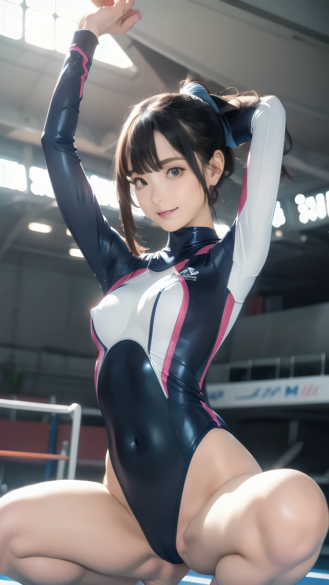 woman:1 person, ((Highly detailed skin), Beautiful realistic face, White skin, Pointed Chest, Erect small nipples, Perfect Anatomy, Realistic eyes, Natural Eyes, Brown Eyes, Accurate eye focus, Accurate limbs), (Hyper Realist, Ultra-realistic, 4k, Attention to detail, Ultra-high resolution, highest quality, masterpiece, Presence, dynamic, Uplifting, bold, Sharpness), (Thinning hair:2), (Soft Hair:2), (Straight hair:1.5), Long, slicked bangs, Very light coppery amber hair, Hair on one eye, (Twin tail hair, Ponytail Hair), (Female gymnast, Detailed costume, Wearing a long sleeve leotard:1.5), Shiny long sleeve leotard, Metallic colors long sleeve leotard, Racing long sleeve leotard, Gymnastics Long Sleeve Leotard, High leg long sleeve leotard, Long sleeve leotard with crystals, ({Metallic pink color| Metallic gold color| Metallic silver color| Metallic red color| Metallic navy color| Metallic blue color| Metallic purple color| Metallic yellow color| Metallic grey color| Metallic colors|}Long sleeve leotard colors), Big Breasts:1.2, Tall, Long, slender limbs, Crouch down, M-shaped split, (Squat:1.2), Squat with your legs wide apart, Spread your legs, The long-sleeved leotard is digging into her butt, barefoot, Looking into the camera, smile, (Gymnastics Venue:1.3), Nikon, Canon,