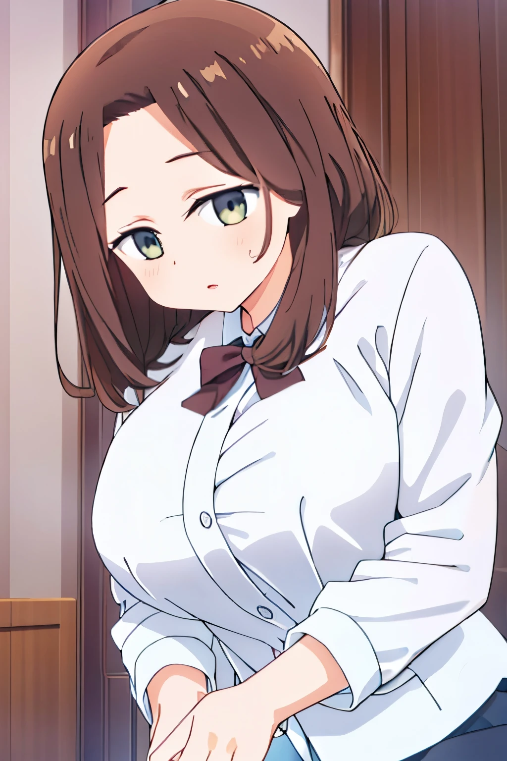 G-Cup　　masterpiece　highest quality　High resolution　　Inner thighs　Hold the skirt tightly　Confused face　Brown Hair　Soft and fluffy　older sister　Married Woman　Hold the crotch　Hold the pee