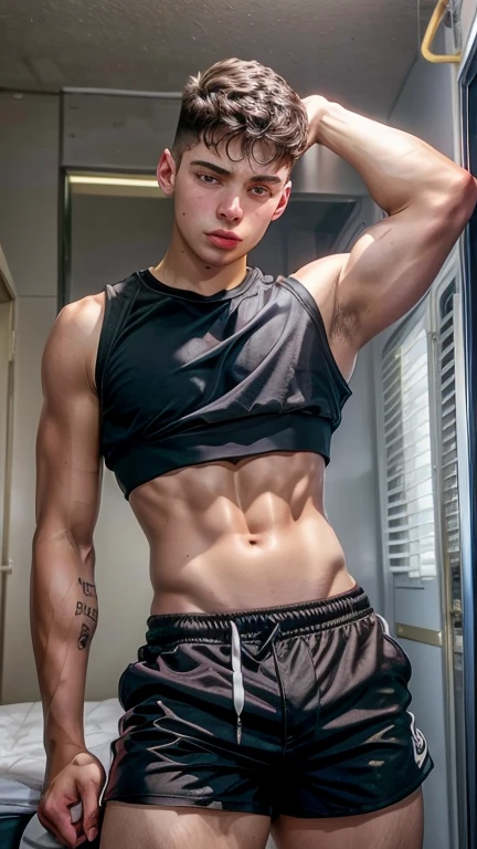 young man boy 19 years old, boy wearing a crop top and too much short shorts, Rear bottom view