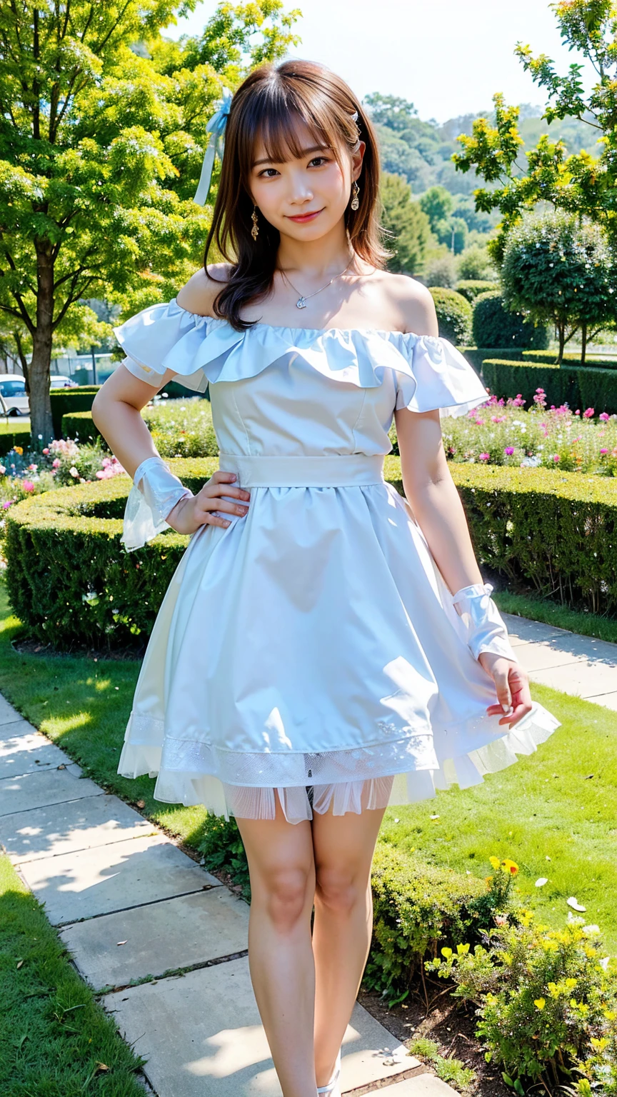 (8k、RAW Photos、highest quality、masterpiece:1.2)、(Realistic、Realistic)、1 girl、((White and light blue、Belly button、andals、Off the shoulder、Frills、Ribbon on chest、garden、smile、Big Breasts、View from the front、whole body、Standing with hands on hips))、Lots of eyelashes、Glowing eyelids、skeletally correct