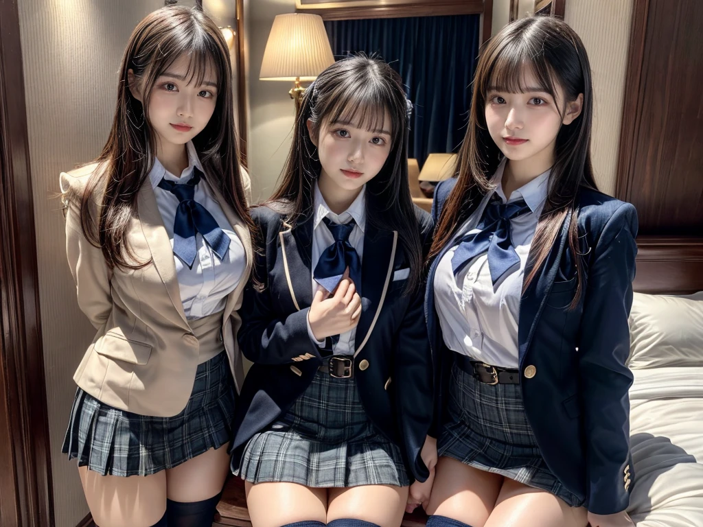 (8K, Raw photography, top-quality, masterpiece:1.2), master piece, best quality, illustration, Super detailed, fine details, High resolution, 8K,wall paper, perfect dynamic composition,(Details High quality, realistic depiction of eyes:1.3), ((2 girls, 2 schoolgirls)), The background is a luxury hotel room、High school girl uniform、blazer 、Super Short Check Uniform Skirt、Navy blue high socks、garterbelts、Colossal tits、Disturbed uniform, Play with each other,Touching each other's bodies,Touching the body of the girl next door, short bob hair, black hair color, huge breasts, Big Natural Color Lip, bold sexy pose, (perfect body shape), crying a little、cold gaze, Beautiful makeup,glitter makeup,Cutest 18 years old, beautiful legs, hposing Gravure Idol, Voluptuous thighs