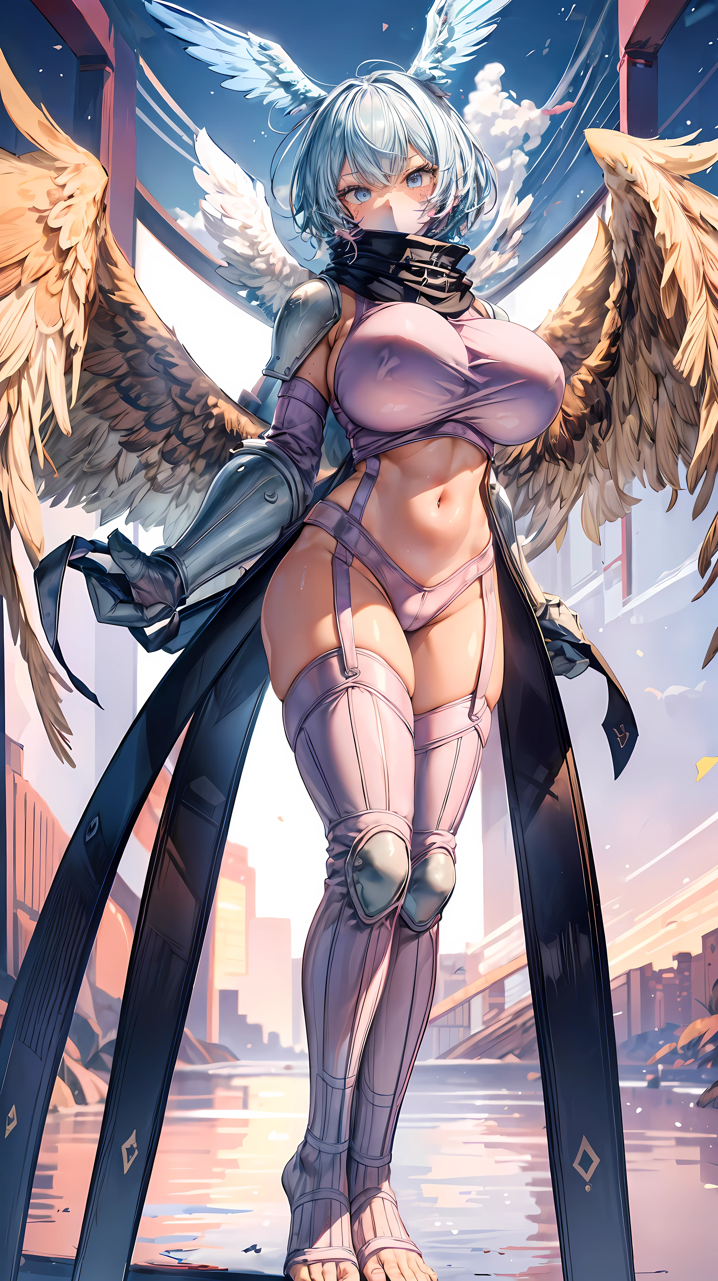 Very detailed、highest quality、Best image quality、masterpiece、8k、Anime Face、A kind smile、Sparkling blue eyes、(Big Breasts:1.5)、shutumon、Cowboy Shot、(highleg:1.5)、Claw Hand、shy,scarf,big head wings,(mouth mask),facial mark,midriff,leash,pink paw footwear,(pink sweatshirt),(garter straps),big brown feathered wings,scarf,pink thighhighs,full body,hand of guido daniele