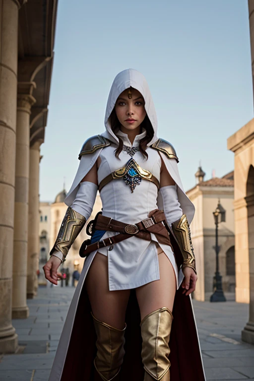 A full-body shot of Princess Zelda, brown hair, blue eyes, dressed as an Assassin from Assassins Creed, in white+gold witha white mask and hood with gold details, XL bust, using a wrist blade. Background: A city during the renaissance period. Unreal Engine 5, Anime, Anime style, Masterpiece, Well drawn eyes, well drawn face, well detailed eyes, well detailed face, 8k, light and shadow effect.