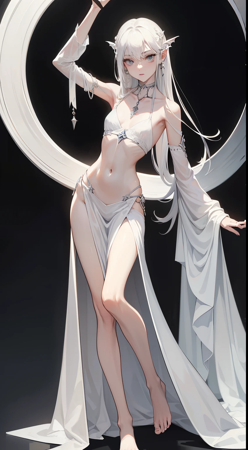 ((best quality)), ((masterpiece)), (detailed), perfect face, Character design, female, long white grey hair, wearing a white angelic dress, grey white eyes, small frame, very skinny, detailed, best quality, no accesoires around the neck, no shoes, prominent collarbones, skinny arms, flat stomach, visible hip bones, full body, vampire