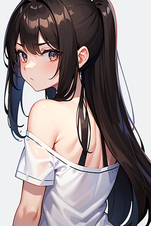 Girl, brown or black shoulder length hair, white t-shirt, blank expression