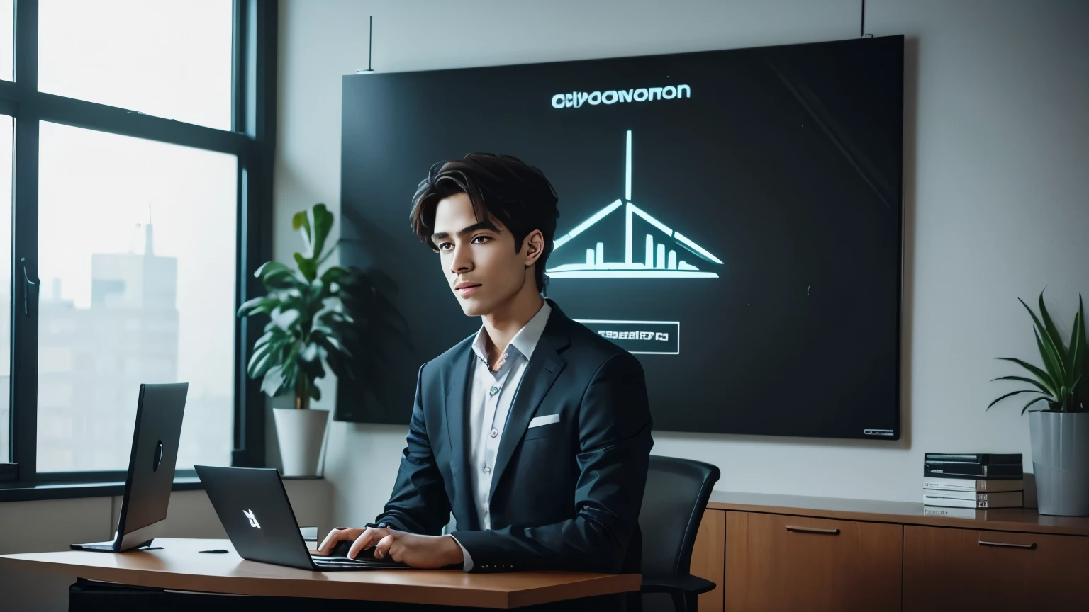 A teenager wearing a blazer sits confidently facing forward. In front of them is a desk with an open laptop, as if they are creating educational content. The teenager has a serious yet friendly expression, reflecting a professional but relaxed atmosphere.

The background features market charts, adding a dynamic and informative touch. On the walls, there are photos or acrylic artworks related to cryptocurrency and blockchain themes, such as Bitcoin and Ethereum logos, and other visuals representing blockchain technology. This decor enhances the modern workspace environment and strongly connects to the world of crypto and technology.
