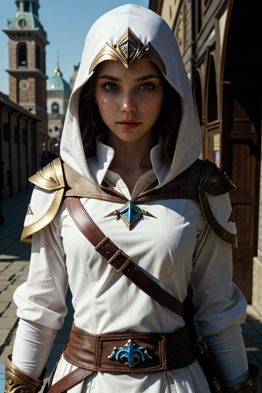 A full-body shot of Princess Zelda, brown hair, blue eyes, dressed as an Assassin from Assassins Creed, in white+gold witha white mask and hood with gold details, XL bust, using a wrist blade. Background: A city during the renaissance period. Unreal Engine 5, Anime, Anime style, Masterpiece, Well drawn eyes, well drawn face, well detailed eyes, well detailed face, 8k, light and shadow effect.