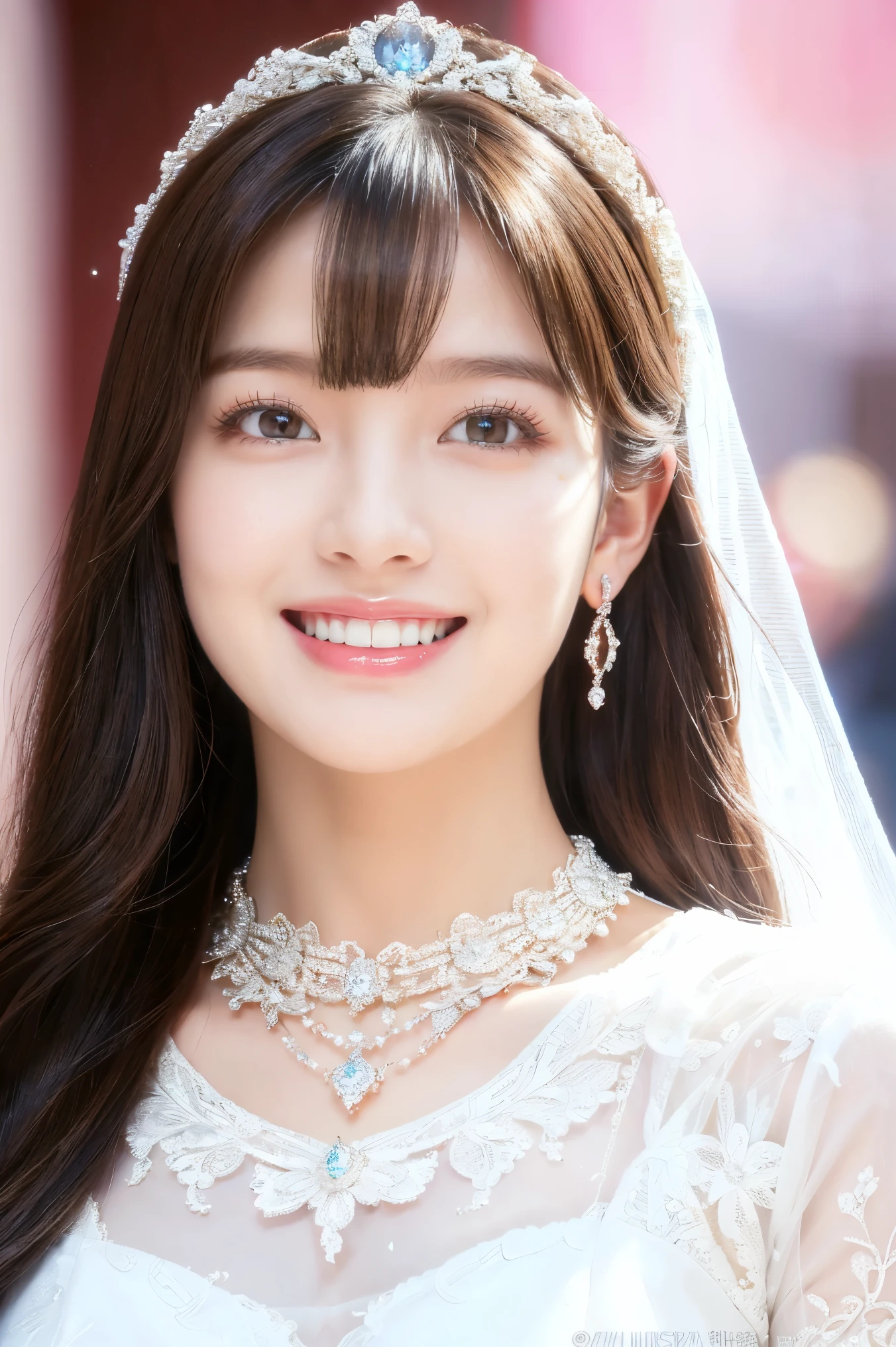 (highest quality、Tabletop、8k、Best image quality、Award-winning works)、One beautiful bride、(alone:1.1)、(The most extravagant and gorgeous huge wedding dresses:1.1)、(Perfect Wedding Lace:1.2)、(The most extravagant and luxurious giant tiara:1.1)、(The most extravagant and luxurious giant necklace:1.1)、The most beautiful smile is looking at me、A wide selection of the finest jewellery、Perfect Makeup、Long eyelashes、Ultra HD Shining Eyes、Ultra HD Hair、Ultra High Resolution Glossy Lips、Ultra High Resolution Perfect Teeth、Super high resolution beautiful face、(Accurate anatomy:1.1)、(Very bright and beautiful skin:1.2)、(very bright and vivid:1.2)、(Blurred fresh natural background:1.1)