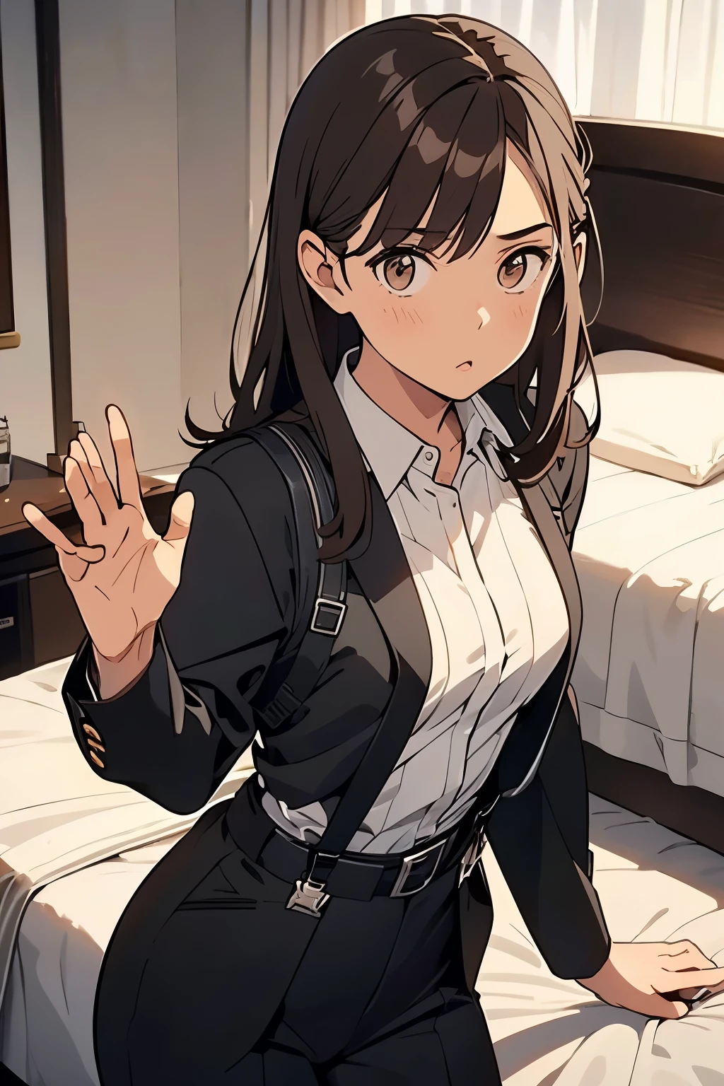 Brown Hair、Staring at the audience　　　Black suspenders　　　bulging big breasts　　 　 　　　wall: 　Black pantsuit　　　　　　sight　　　Small face　 　　　holster　　　Beautiful woman　　Show your hand　　 Lying in bed　　sight 　　Taunt　side　side汗 　arm　Dress shirt　Black Suit　belt