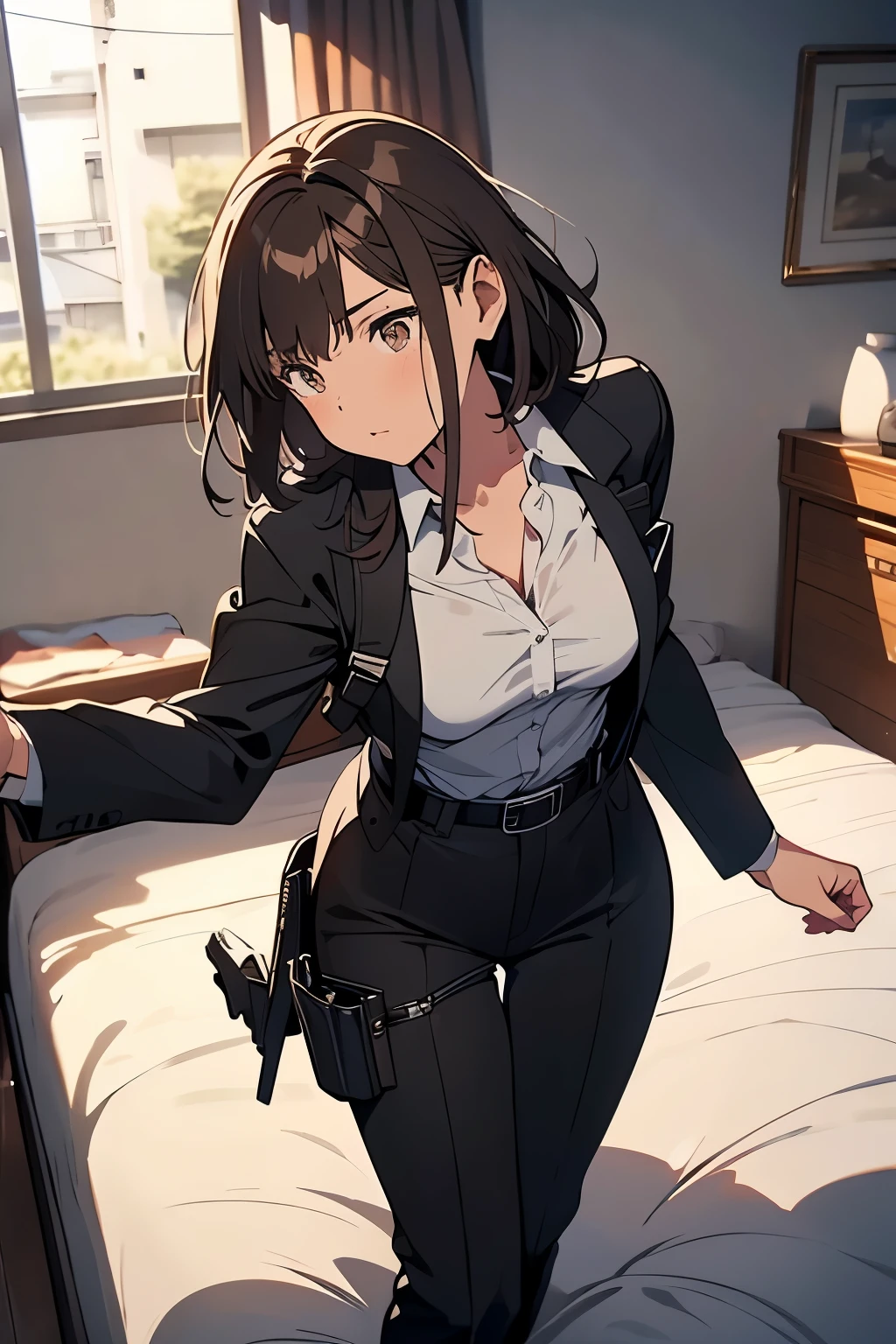 Brown Hair、Staring at the audience　　　Black suspenders　　　bulging big breasts　　 　 　　　wall: 　Black pantsuit　　　　　　sight　　　Small face　 　　　holster　　　Beautiful woman　　Show your hand　　 Lying in bed　　sight 　　Taunt　side　side汗 　arm　Dress shirt　Black Suit　belt