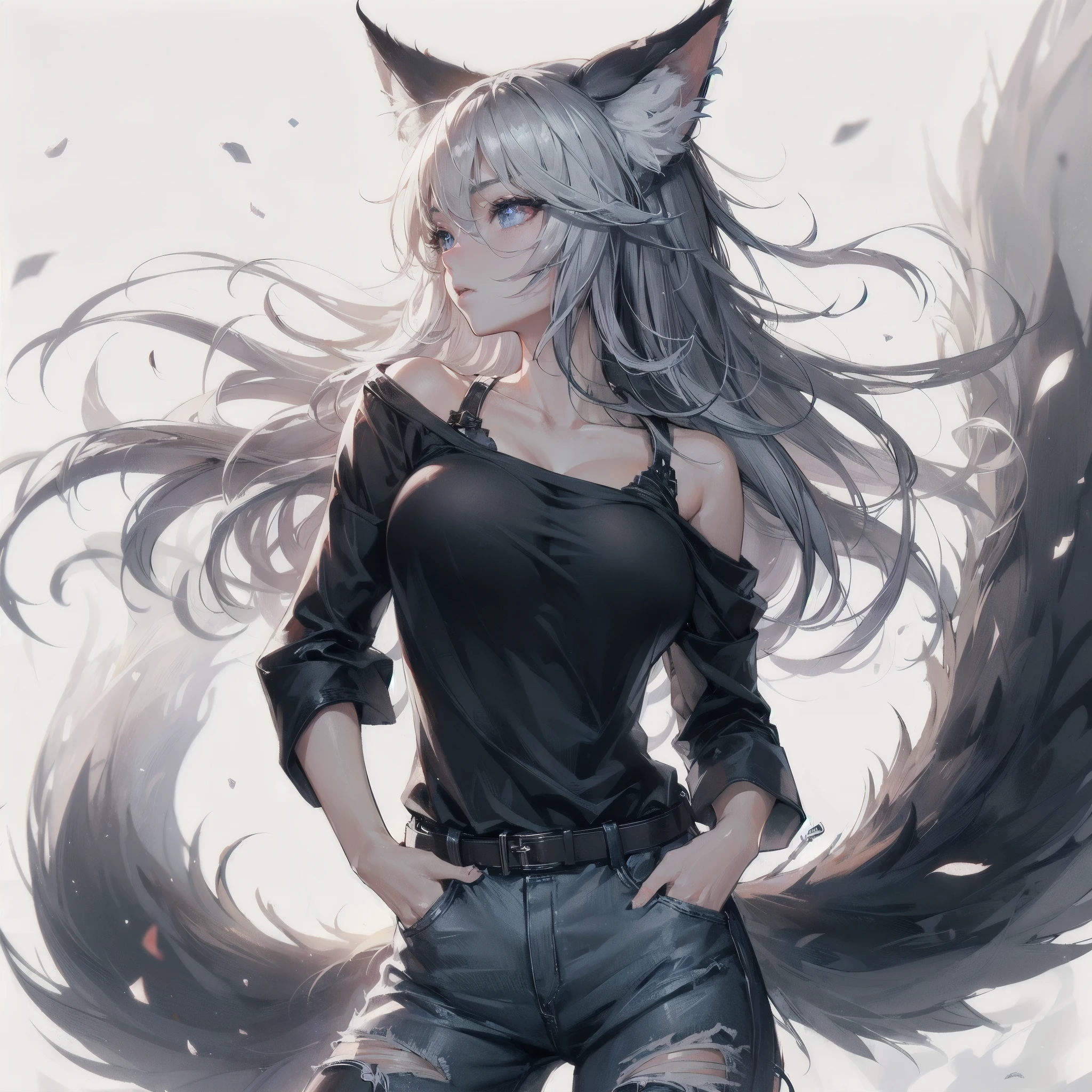 high quality,hd,16k,sharp line,1girl,fantasy,fem
ale wolf ears,wolf tail,beautiful hair ,cute face, large breasts ,nice legs,,focus girl,detailed beautiful face,detailed clothes,beautiful eyes,dynamic angle