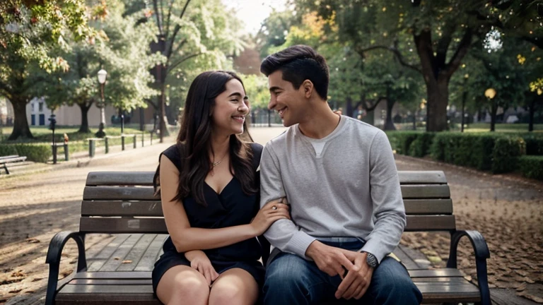 Draw Sofia and Miguel, still young, sitting together on a bench in the city park. They are smiling at each other, with a gleam of happiness in their eyes, while the leaves of the trees sway softly in the background
