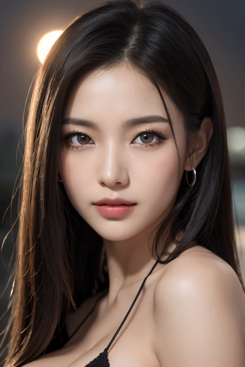 Body portrait, 8K, thin and beautiful eyes, Dindal effect, masterpiece, top quality, high quality, high resolution, very detailed photo, (natural skin texture, fine skin, hyper realism, super sharpness), high detail skin, (very fine), fine skin texture, intricate detail, beautiful face, (realistic face), realistic eyes, beautifully detailed eyes, realistic skin, beautiful skin, surreal, highly detailed Golden ratio, double eyelids, smiling eyes, ((night moonlight background))), body portrait, G cup, big breasts, big breasts, big breasts, glamorous, sexy knit dress,