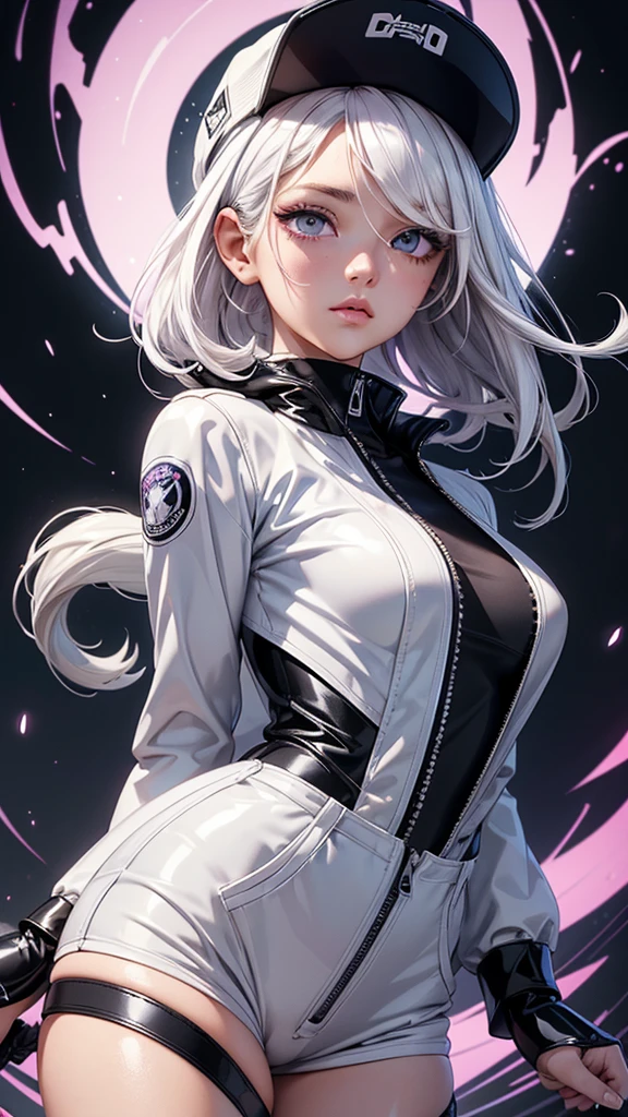 masterpiece, best quality, 4k, UHD, mishoujo, beautiful eyes and detailed face, illustration, beautiful detailed, high resolution illustration, glowing_white_particles, 1girl, white hair, light purple eye, hair over one eye, short side tail, baseball cap, expressionless, black latex jumpsuit, black jacket, black thigh high boots,