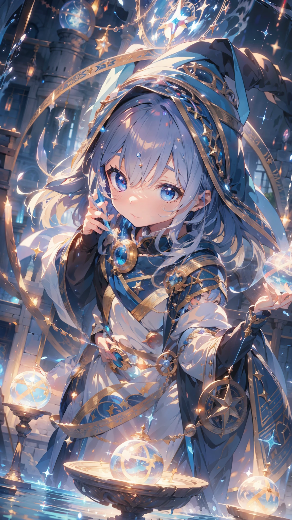 (masterpiece:1.2),(anime),(Medieval Background)、(Wizard)、(Robe),cute、Light Effects、((Water Magic、magic circle)),Tear Mole