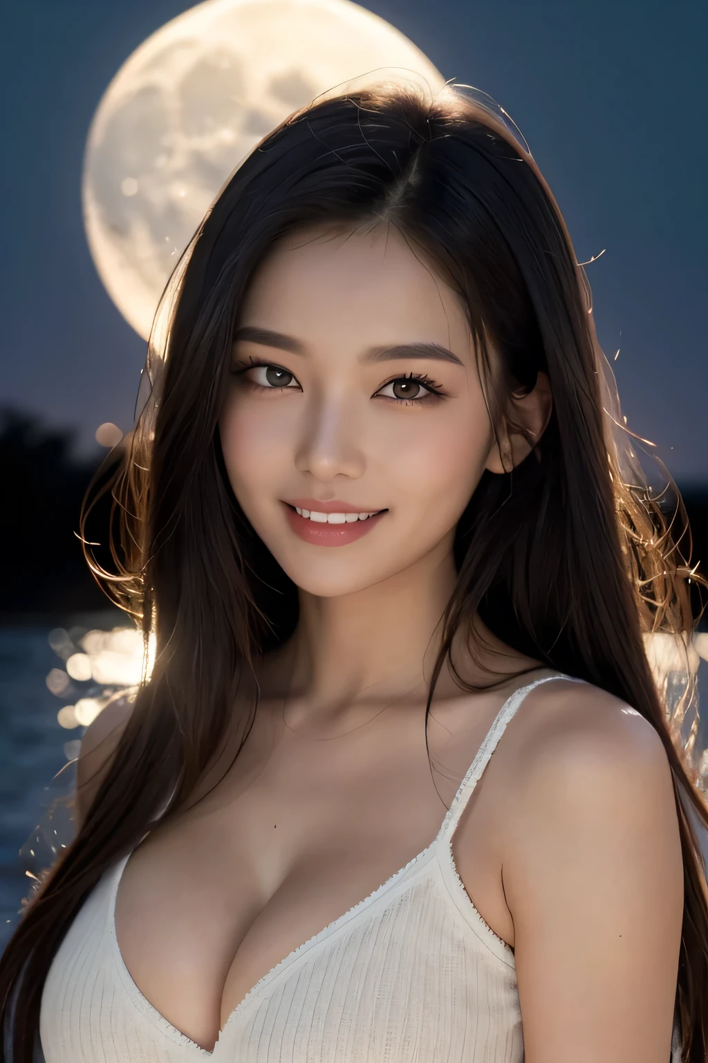 BBody portrait, 8K, thin and beautiful eyes, Dindal effect, masterpiece, top quality, high quality, high resolution, very detailed photo, (natural skin texture, fine skin, hyper realism, super sharpness), high detail skin, (very fine) ), fine skin texture, fine detail, beautiful face, (realistic face), realistic eyes, beautiful and detailed eyes, realistic skin, beautiful skin, surreal, high definition Golden ratio, double eyelids, cute smile, smiling, smiling eyes, ((moonlight background at night)) ), body portrait, G cup, big breasts, big breasts, big breasts, glamorous, sexy knit dress,