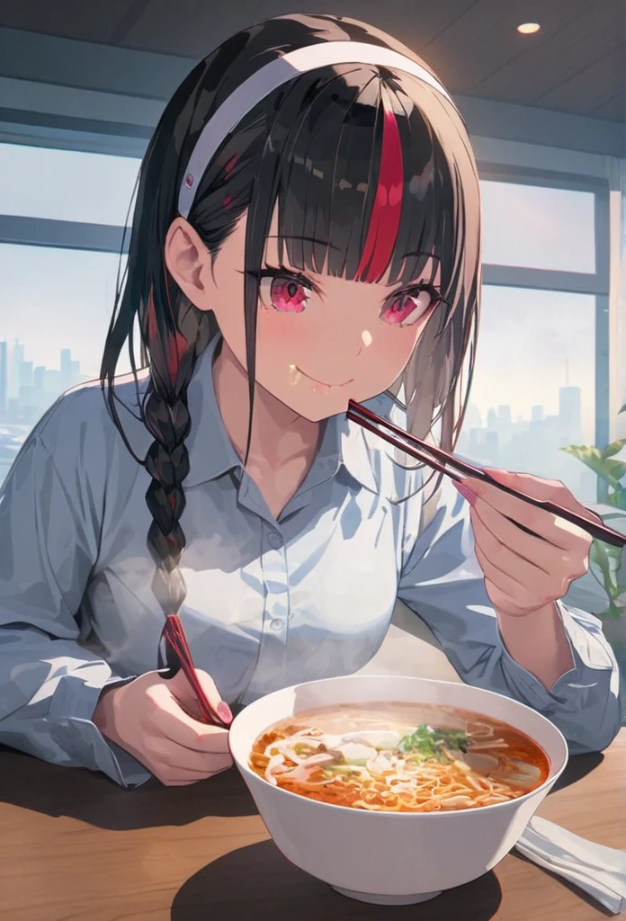 (best quarity,ultra detailed,ultra-high-resolution, absolutely resolution,8k, masterpiece), very-cute-and-beautiful-anime-girl, happy, smile, solo, eating ramen,steam,holding chopstick, table, napkin, BREAK, white shirts, crimson eyes, straght hair, black hairs, (red streaked hair), blunt bangs, braid, hairband, solo,