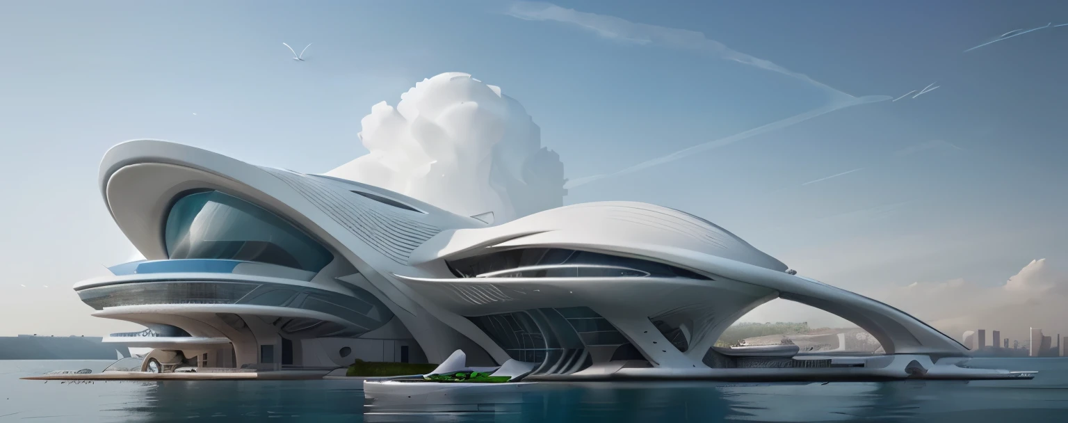 arafed building with a curved roof and a body of water, concept art by Zha Shibiao, cgsociety contest winner, conceptual art, zaha hadid style architecture, zaha hadid architecture, architecture zaha hadid, futuristic architectural art, in style of zaha hadid architect, portal. zaha hadid, futuristic architecture, in style of zaha hadid, detailed futuristic architecture