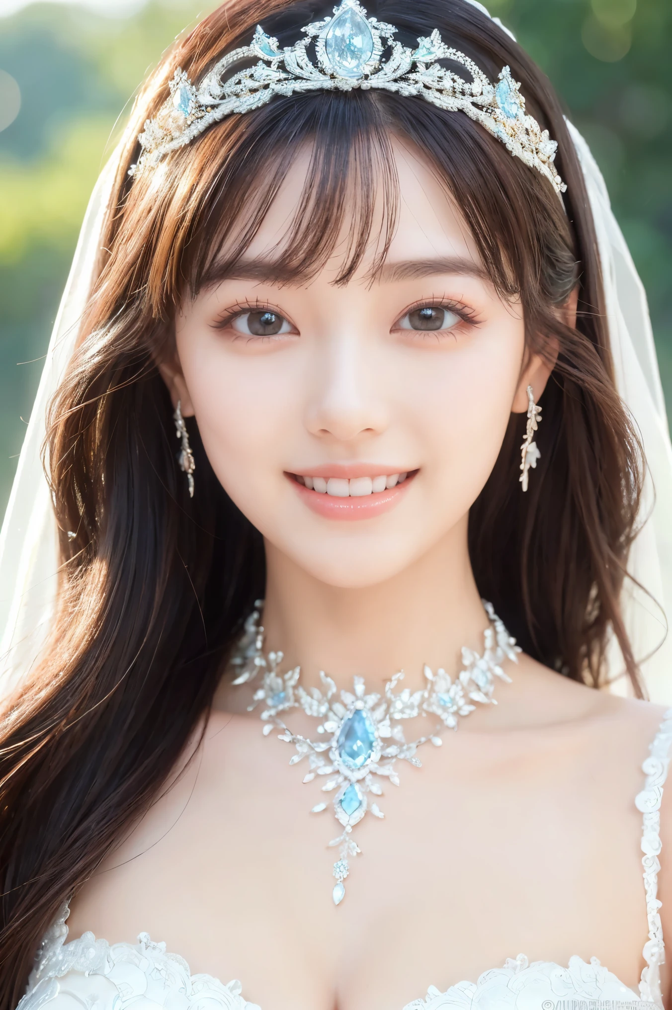 (highest quality、Tabletop、8k、Best image quality、Award-winning works)、One beautiful bride、(alone:1.1)、(The most extravagant and gorgeous huge wedding dresses:1.1)、(Perfect Wedding Lace:1.2)、(The most extravagant and luxurious giant tiara:1.1)、(The most extravagant and luxurious giant necklace:1.1)、The most beautiful smile is looking at me、A wide selection of the finest jewellery、Perfect Makeup、Long eyelashes、Ultra HD Shining Eyes、Ultra HD Hair、Ultra High Resolution Glossy Lips、Ultra High Resolution Perfect Teeth、Super high resolution beautiful face、(Accurate anatomy:1.1)、(Very bright and beautiful skin:1.2)、(very bright and vivid:1.2)、(Blurred fresh natural background:1.1)